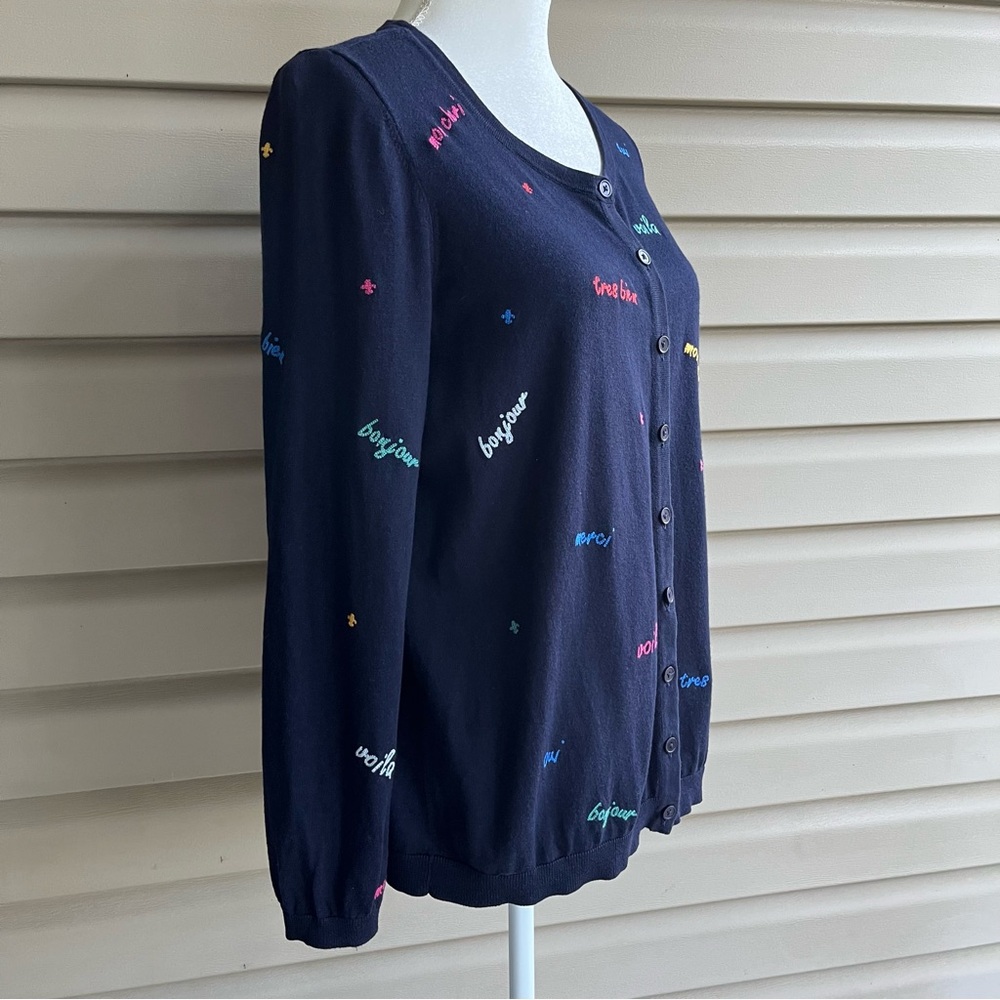 •Talbots• Cotton Blend French Phrases Cardigan - Size Xp - Picture 4 of 9